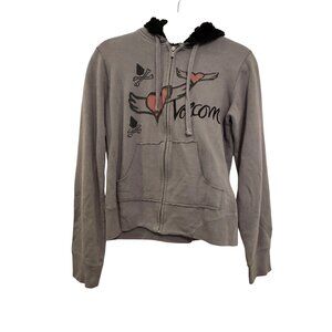 Volcom Womens Fleece Lined Hoodie Size L Gray Pink Winged Heart Print Zip Up